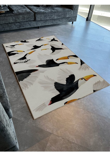 Bej Temalı Uçan Siyah Tukan Kuşu Sürüsü Desenli Kreatif Modern Dekoratif Halı 2285 modelleri
