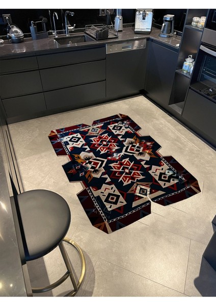 Shape Koleksiyonu Lacivert Kırmızı Bej Etnik Desenli Dokuma Taban Modern Dekoratif Halı SHAPE94