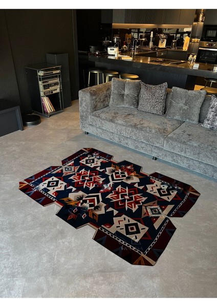 Shape Koleksiyonu Lacivert Kırmızı Bej Etnik Desenli Dokuma Taban Modern Dekoratif Halı SHAPE94 fiyatları