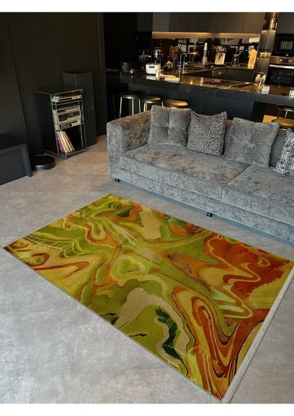 Shape Koleksiyonu Yeşil Sarı Turuncu Tonlarda Dokuma Taban Saçaklı Modern Dekoratif Halı SHAPE115 fiyatları