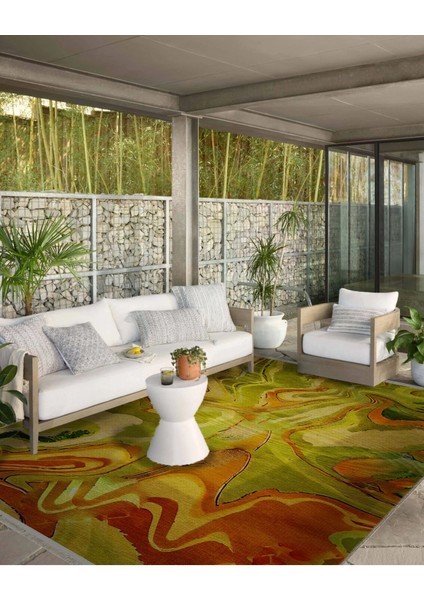 Shape Koleksiyonu Yeşil Sarı Turuncu Tonlarda Dokuma Taban Saçaklı Modern Dekoratif Halı SHAPE115 modelleri