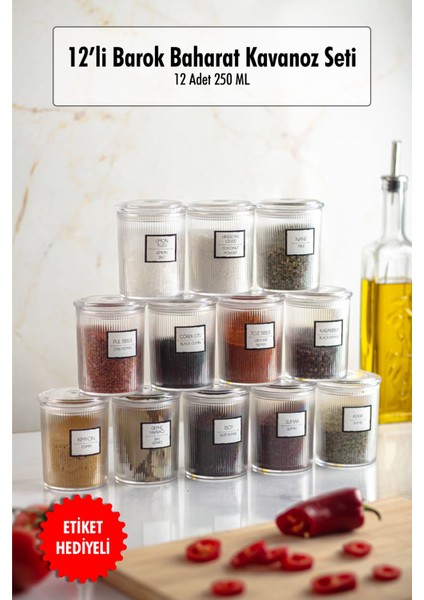 12'Li Barok Yuvarlak Baharat Kavanoz Seti & Saklama Kabı & Erzak Kabı (12 Adet 250 Ml)
