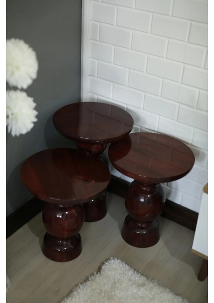 Wood Wooden 3’lü Set Karpuz Model Mantar Yan Sehpa Modern Koyu Ceviz Renk Fiskos fırsatları