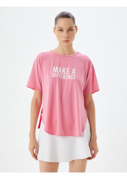 Oversize Spor Tişört Slogan Baskılı Bisiklet Yaka Kısa Kollu