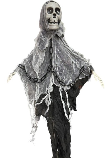 Halloween Tavan Süsü Sesli Işıklı Iskelet Beyaz Zincirli