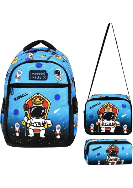 Waddellbag Mavi Siyah Astronot Erkek Çocuk Üçlü Ilkokul Çanta Seti