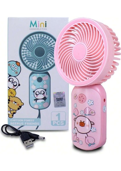 Taşınabilir Desenli Mini USB Fan El Tipi Tek Kademeli Lityum Şarj Edilebilir Renkli Karakterli Mini Vantilatör Soğutucu 15CM Mini Fan Pembe