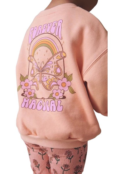 Kız Çocuk Slogan Yazılı Çiçek Desenli Pamuklu Sweatshirt Ispanyon Taytlı Alt-Üst Takım Toz Pembe Renk