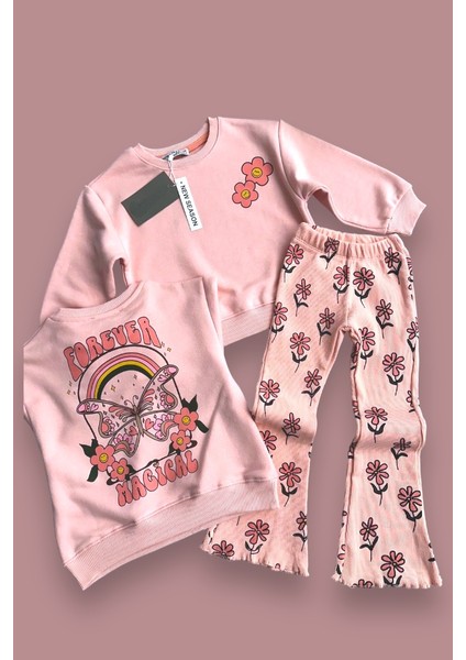 Kız Çocuk Slogan Yazılı Çiçek Desenli Pamuklu Sweatshirt Ispanyon Taytlı Alt-Üst Takım Toz Pembe Renk