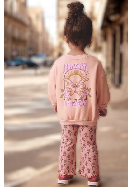 Kız Çocuk Slogan Yazılı Çiçek Desenli Pamuklu Sweatshirt Ispanyon Taytlı Alt-Üst Takım Toz Pembe Renk