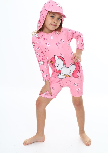 Kız Çocuk Sleepy Uykucu Unicorn Toz Pembe Desen Renkli Siperlik Şapkalı Güneş Koruma Şapkalı 2li Takım Uzun Kol Hipster Model Sırt Fermuarlı Hassas Ten Mayo
