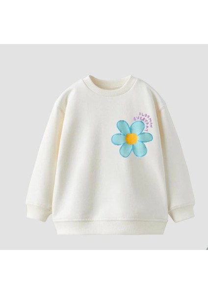 Kız Çocuk Ekru - Mavi Papatya Baskılı Ispanyol Paça Taytlı Sweatshirt 3 Iplik 2 Parça Alt Üst Takım