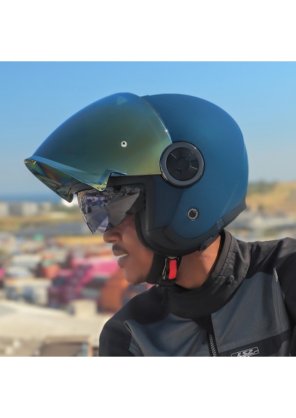 Classy Mat Navy Mavi Kask Sarı Cam E1