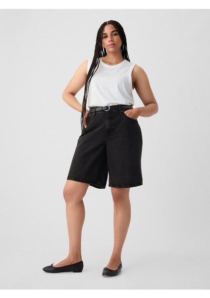 Kadın Siyah 11.5" Mid Rise Longline Denim Şort indirimleri