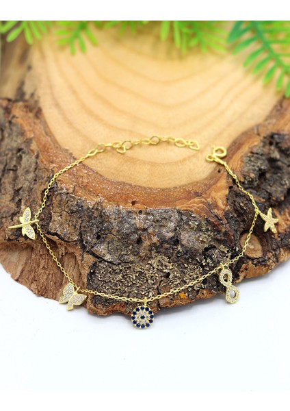 Zirkon Taşlı Nazarlı Yaldızlı 925 Ayar Gümüş Kadın Bileklik 201023281