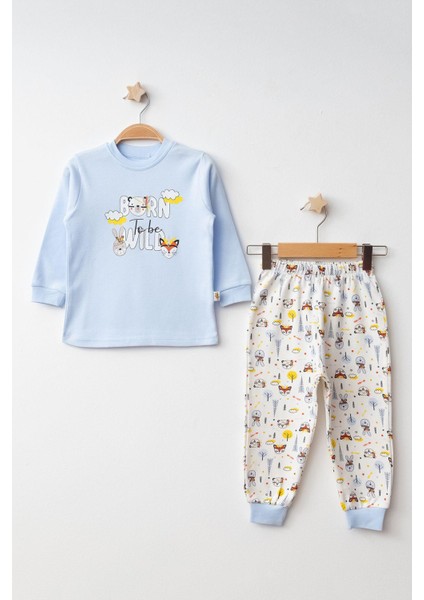 Pijama Takımı Penye Tilki Tavşan Emprime Mavi