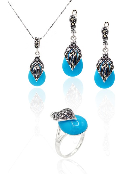 Firuze Taşlı Damla Model Markazit Gümüş Üçlü Takı Seti 201023288