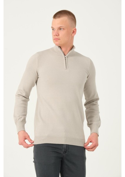 Erkek Balıkçı Yarım Fermuarlı Dik Yaka Standart Fit Triko Kazak fırsatları