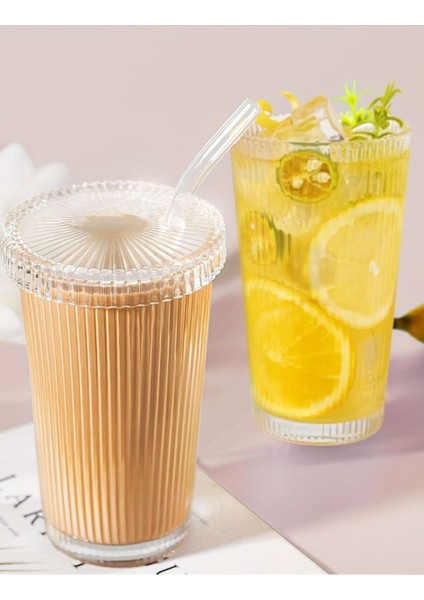 2 Adet Origami Bardak Pipetli 400 ml Kokteyl Bardağı - | Cam Kapaklı Soğuk - Sıcak Kahve Sunum Bardağı