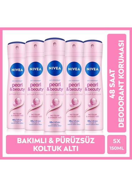Kadın Sprey Deodorant Pearl&Beauty 150ml, Ter ve Ter Kokusuna Karşı 48 Saat Etkili Koruma, X5 Adet