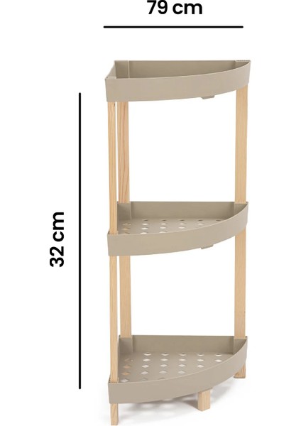 FIX-2002 3 Katlı Ahşap Köşe Rafı - Bej - 79X32 cm