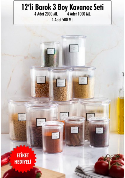 12'Li Barok Yuvarlak 3 Boy Kavanoz Seti & Saklama Kabı & Erzak Kabı (4 Adet 2000 Ml, 4 Adet 1000 Ml, 4 Adet 500 Ml)
