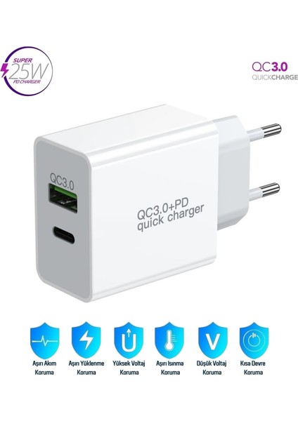 Redmi Note 10S Uyumlu 25W Ultra Hızlı Çoklu Şarj Cihazı Adaptör Qualcomm3.0 + PD - İthalatçı Garantili