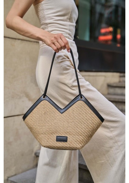 Siyah Hasır Kadın Fermuarlı Fular Detaylı Tote Çanta fiyatları
