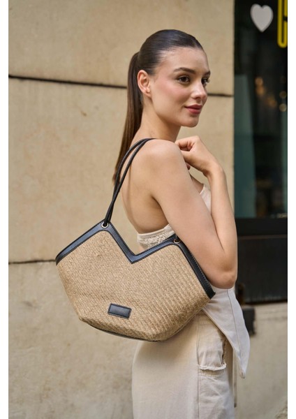 Siyah Hasır Kadın Fermuarlı Fular Detaylı Tote Çanta modelleri