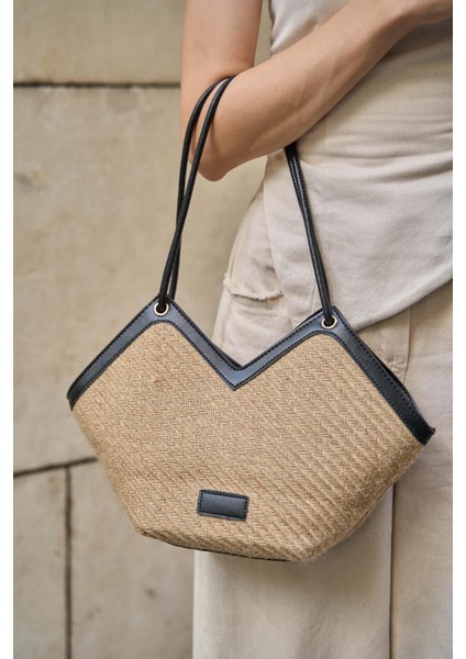 Siyah Hasır Kadın Fermuarlı Fular Detaylı Tote Çanta indirimleri