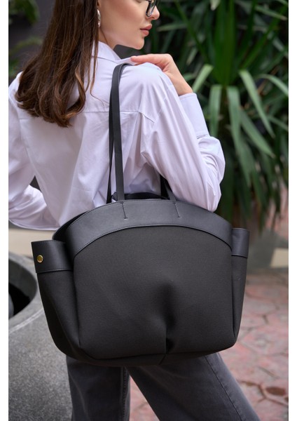 Siyah Kadın Kontrast Tote Çanta