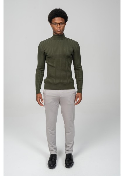 Erkek Slim Fit Fitilli Likralı Düz Renkli Triko Boğazlı Kazak