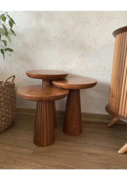 Simillo Home & Living Wood Wooden 3’lü Set Fitilli Mantar Yan Sehpa Modern Açık Ceviz Renk Fiskos