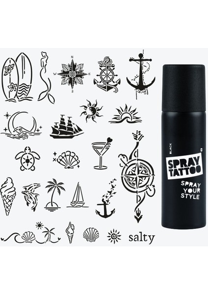 One Spray Tattoo Sea Vibes City Pack Dövme Şablon Seti ve Siyah Sprey