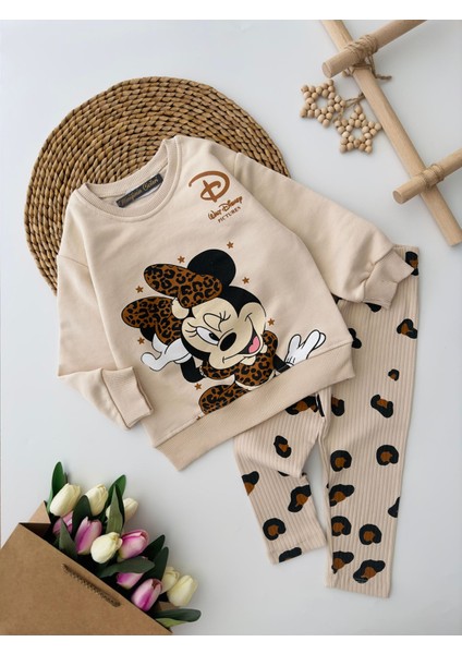 Mnn Dsny Leopar Desenli Taytlı Kız çocuk takım - Bej