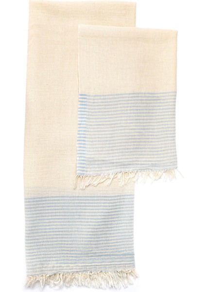 Ekru Renk Mavi Çizgili Pamuk Peşkir ve Peştemal Seti