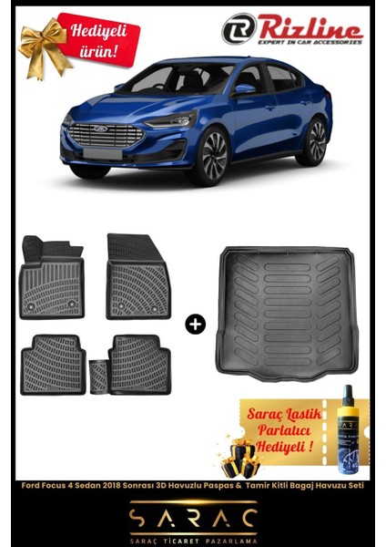 Ford Focus 4 Sedan 2018 Sonrası 3D Havuzlu Paspas & Tamir Kitli Bagaj Havuzu Seti(Hediyeli!)