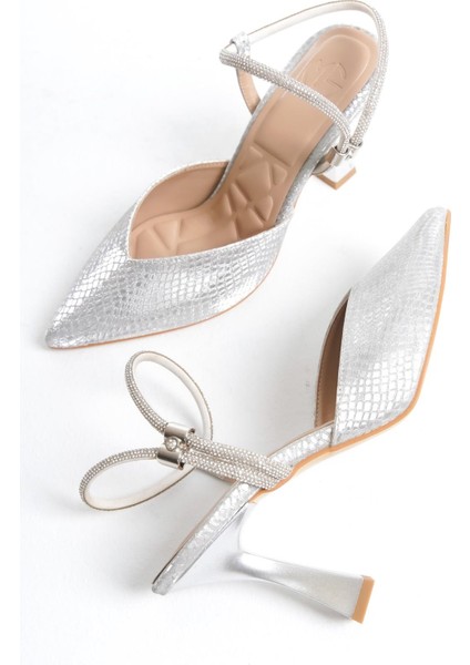 Modabuymus Parsan Gümüş Taşlı Stiletto Abiye Topuklu Ayakkabı