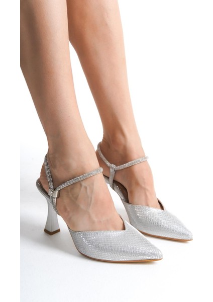 Modabuymus Parsan Gümüş Taşlı Stiletto Abiye Topuklu Ayakkabı