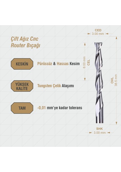 Cnc Router Bıçak İki Ağız Uç 8 x 3 x 3 x 38.5