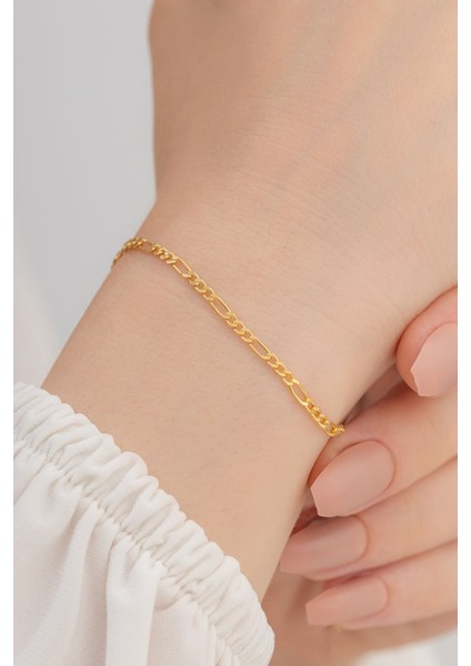 18 Ayar Gerçek Altın Kaplama Kararmayan 2 mm Kalınlıkta Figaro Model Kadın Gümüş Bileklik