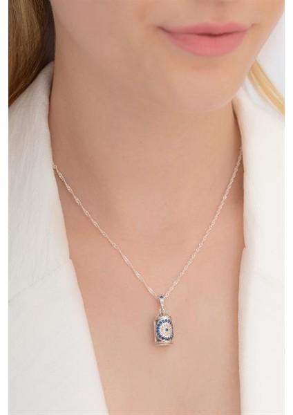 Mavi Taşlı Bayan Gümüş Muska Cevşen Kolye