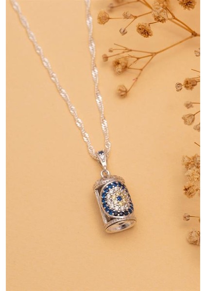 Mavi Taşlı Bayan Gümüş Muska Cevşen Kolye modelleri