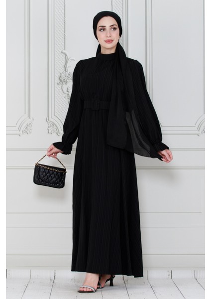 Kemerli Tesettür Elbise-Siyah