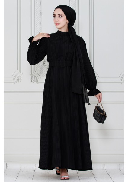 Kemerli Tesettür Elbise-Siyah modelleri