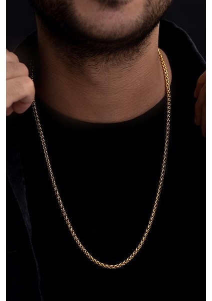 18 Ayar Gerçek Altın Kaplama - Spiga Model Çelik Kolye - Erkek Kolye