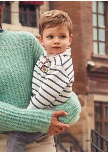 Kışlık Erkek Bebek Lacivert Çizgili Sweatshırt - Krem