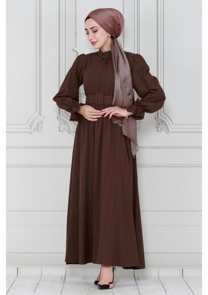 Kemerli Tesettür Elbise-Kahverengi fiyatları