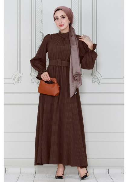 Kemerli Tesettür Elbise-Kahverengi modelleri