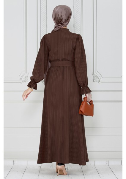 Kemerli Tesettür Elbise-Kahverengi indirimleri